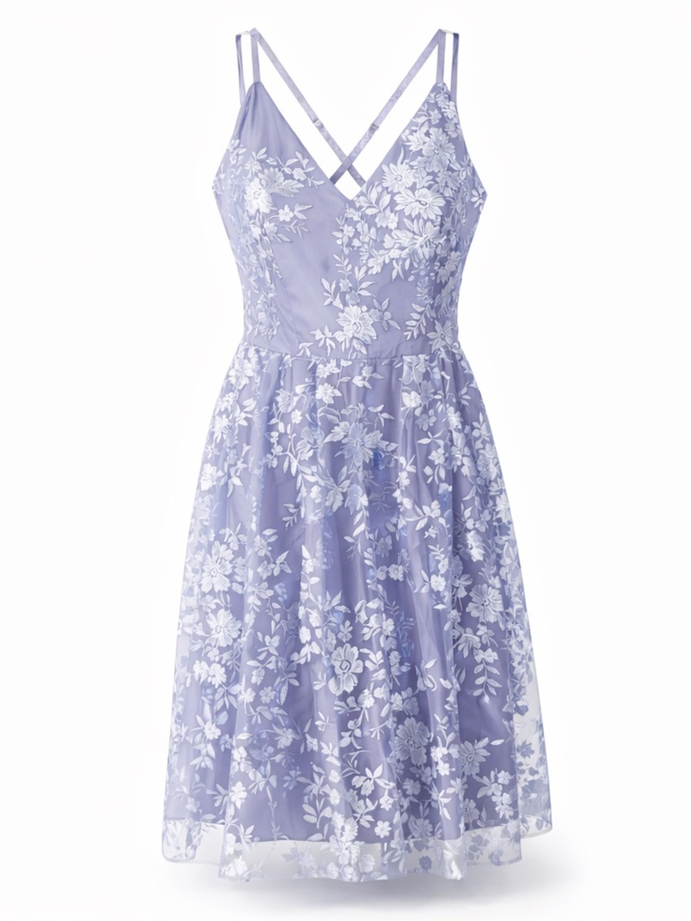 BCX Lavender Floral A-Line Mini Dress with White Embroidered Overlay